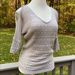 Guess Open Shoulder Tan Metallic Dolman Sweater L